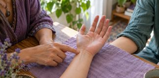 Illustrative palmistry consultation showing natural creases on the palm-side wrist