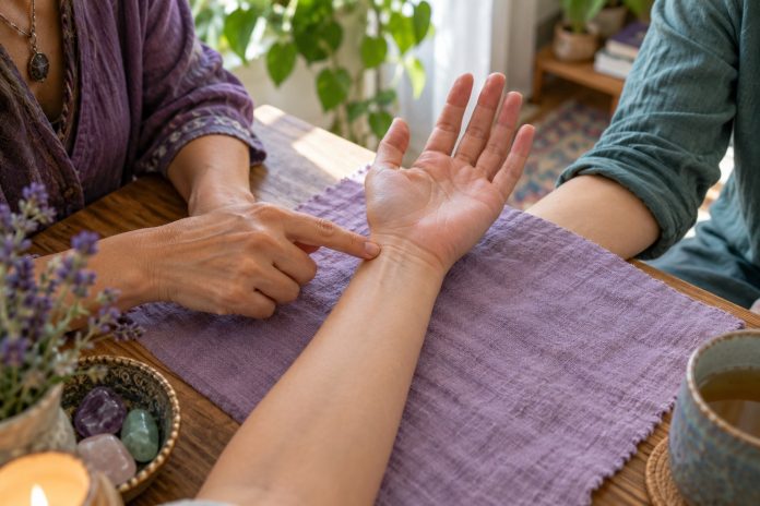 Palmistry reading of the inner wrist Illustrative palmistry consultation showing natural creases on the palm-side wrist
