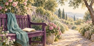 Watercolor of a plum bench with an open journal and teal scarf beside a sunlit garden path.