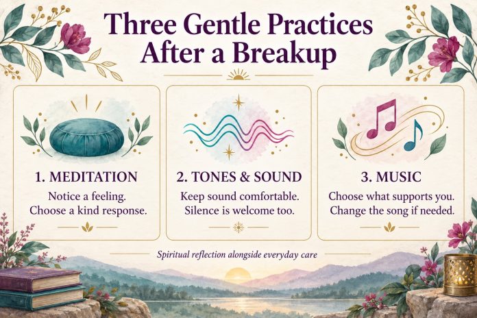 Three Gentle Practices After a Breakup Three gentle practices after a breakup: meditation, comfortable tones and sound, and personally supportive music.