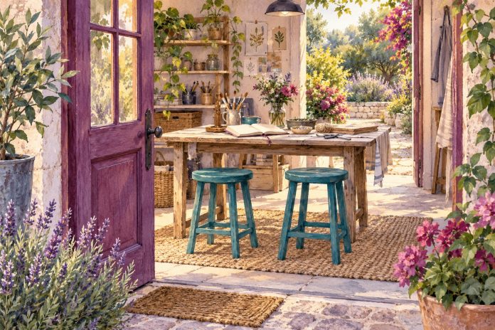 Available chances — a thoughtful next step Symbolic watercolor of an open plum workshop door, two teal stools and a creative worktable beside a sunlit garden.