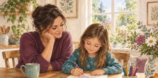 Watercolor of a parent listening beside a child drawing a flower at a sunlit kitchen table.