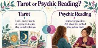 Tarot: cards and symbols, a spread to discuss, may include intuition. Psychic reading: intuitive impressions, ask about the method, may include cards. The methods can overlap.