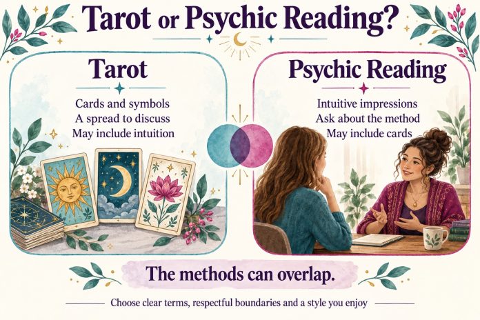 Tarot or Psychic Reading: Methods and Overlap Tarot: cards and symbols, a spread to discuss, may include intuition. Psychic reading: intuitive impressions, ask about the method, may include cards. The methods can overlap.