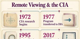 Timeline: CIA research began in 1972, transfer to DIA in 1977, review and non-restoration in 1995, CREST online in 2017