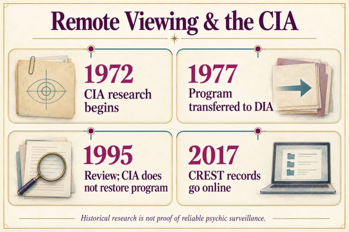 Remote Viewing and the CIA — Historical Timeline Timeline: CIA research began in 1972, transfer to DIA in 1977, review and non-restoration in 1995, CREST online in 2017