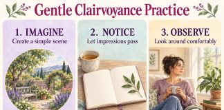 Gentle clairvoyance practice: Imagine—create a simple scene; Notice—let impressions pass; Observe—look around comfortably. Explore without forcing a result.