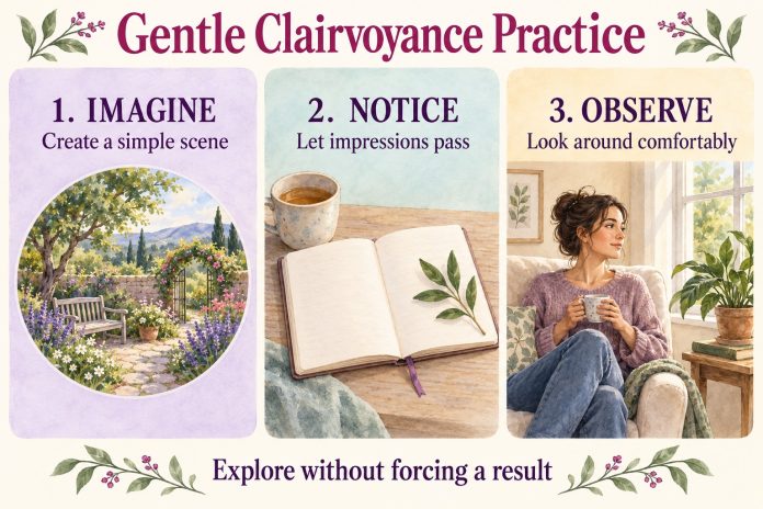 Gentle imagination and observation practice Gentle clairvoyance practice: Imagine—create a simple scene; Notice—let impressions pass; Observe—look around comfortably. Explore without forcing a result.