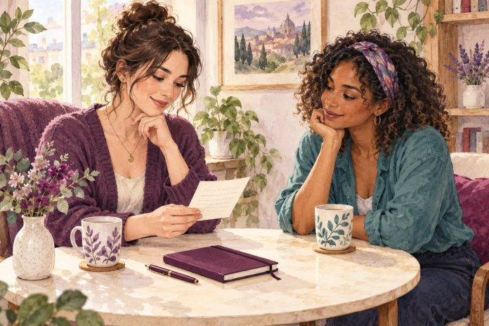 Understanding Psychic Cold Reading Watercolor illustration of two friends thoughtfully reviewing a reading note beside a plum notebook