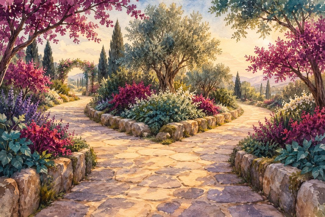 Soul Contract: Purpose and Choice Watercolor garden path branching into two routes among plum flowers and teal foliage.