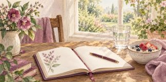 Watercolor of a plum journal, pen, water and oatmeal with berries beside a sunlit garden window.