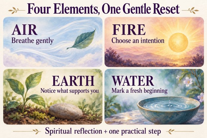 Four Elements, One Gentle Reset Four-element reflection guide: air—breathe gently; fire—choose an intention; earth—notice what supports you; water—mark a fresh beginning