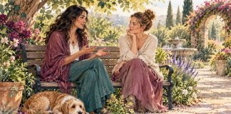 Watercolor of two adult friends talking on a garden bench, with a small dog resting beside them.