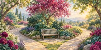 Watercolor of two stone garden paths diverging beside a quiet bench and plum flowers