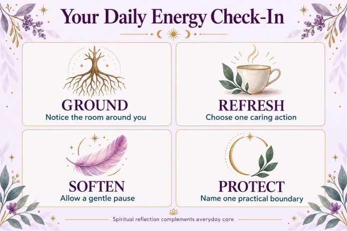 Your Daily Energy Check-In Daily energy check-in: ground, notice the room; refresh, choose one caring action; soften, allow a gentle pause; protect, name one practical boundary.