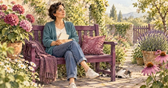Self-esteem — a quiet garden moment Watercolor of an adult holding a journal on a plum bench in a flowering garden.