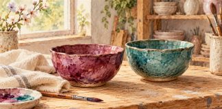 Watercolor of plum and teal handmade ceramic bowls on a sunlit pottery workbench.