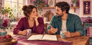 Watercolor of two adults talking at a kitchen table with an open notebook and two mugs.