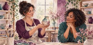 Watercolor of two adults warmly admiring a handmade vase in a plum and teal pottery studio.