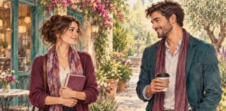 Watercolor of two adults smiling in conversation outside a leafy cafe, one holding a closed book.