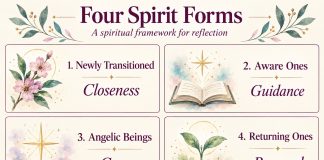 Four spirit-form themes: Newly Transitioned—closeness; Aware Ones—guidance; Angelic Beings—care; Returning Ones—renewal. Beliefs, not required stages or proven classifications.