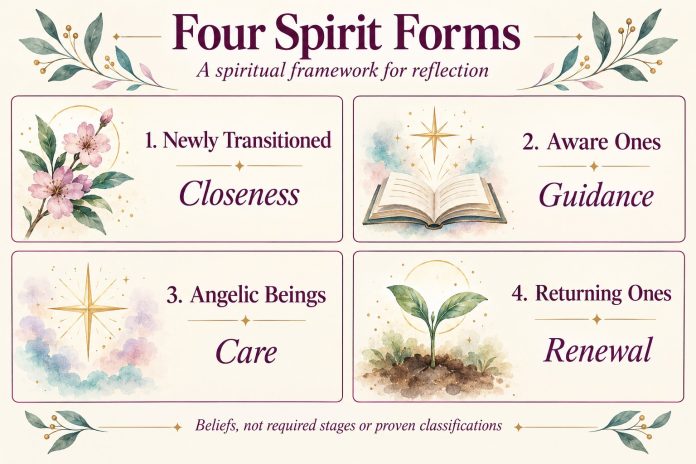 Four Spirit Forms — A Spiritual Framework for Reflection Four spirit-form themes: Newly Transitioned—closeness; Aware Ones—guidance; Angelic Beings—care; Returning Ones—renewal. Beliefs, not required stages or proven classifications.