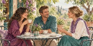 Watercolor of three adults enjoying a relaxed coffee introduction on a plum and teal cafe terrace.