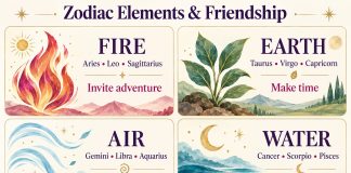 Four-panel zodiac friendship infographic: Fire—Aries, Leo, Sagittarius, invite adventure; Earth—Taurus, Virgo, Capricorn, make time; Air—Gemini, Libra, Aquarius, ask questions; Water—Cancer, Scorpio, Pisces, check in.