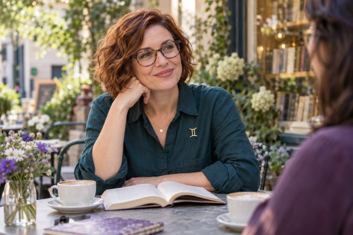 Illustrative woman wearing a small Gemini brooch enjoying conversation at an outdoor cafe