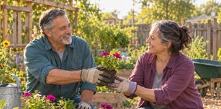 Two neighbors sharing a flowering plant while volunteering in a community garden