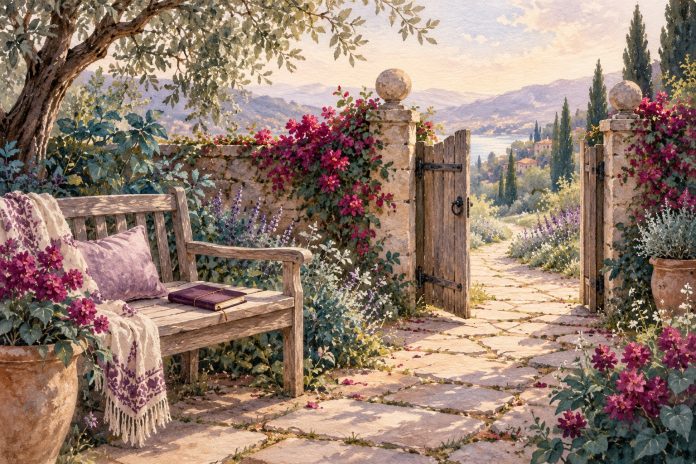 Symbolic watercolor of an open garden gate and a bench with a notebook, suggesting an unhurried choice.