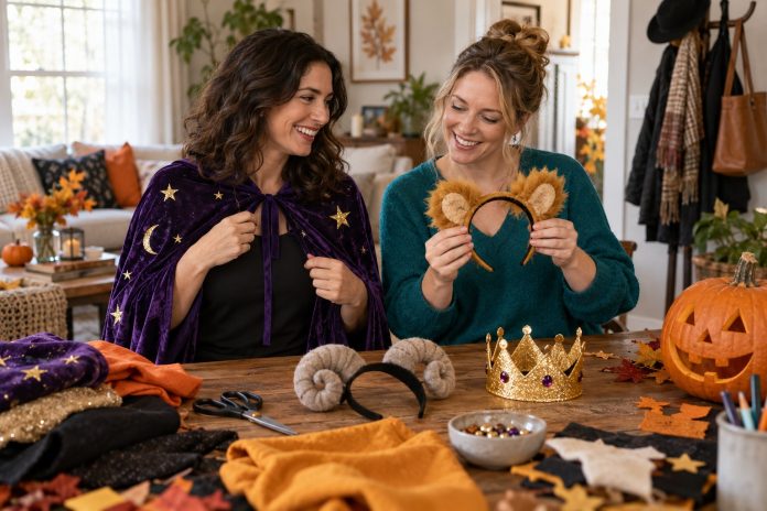 Illustrative friends choosing a celestial cape and handmade zodiac-inspired costume accessories at home
