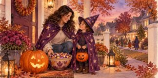 Watercolor of an adult and child in purple capes beside a pumpkin and a bowl of treats on an autumn porch.