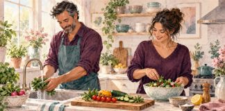 Watercolor of two adult partners sharing meal preparation in a sunlit plum and teal kitchen.