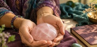 Hands holding pale pink rose quartz beside a green stone and a closed journal on plum cloth.