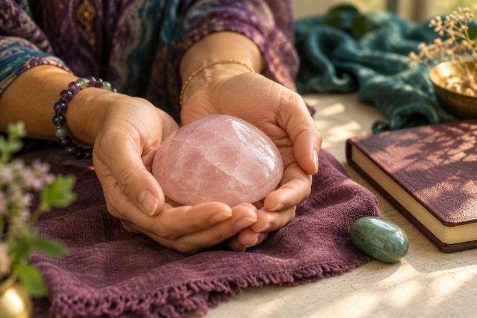 Hands holding pale pink rose quartz beside a green stone and a closed journal on plum cloth.