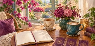 Watercolor of an open journal, three face-down cards and two ceramic cups beside a flowering garden window