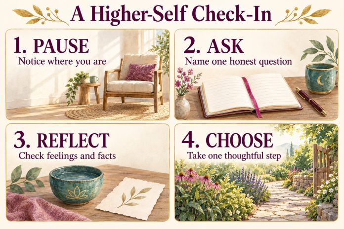 A Higher-Self Check-In: 1. Pause—notice where you are; 2. Ask—name one honest question; 3. Reflect—check feelings and facts; 4. Choose—take one thoughtful step.
