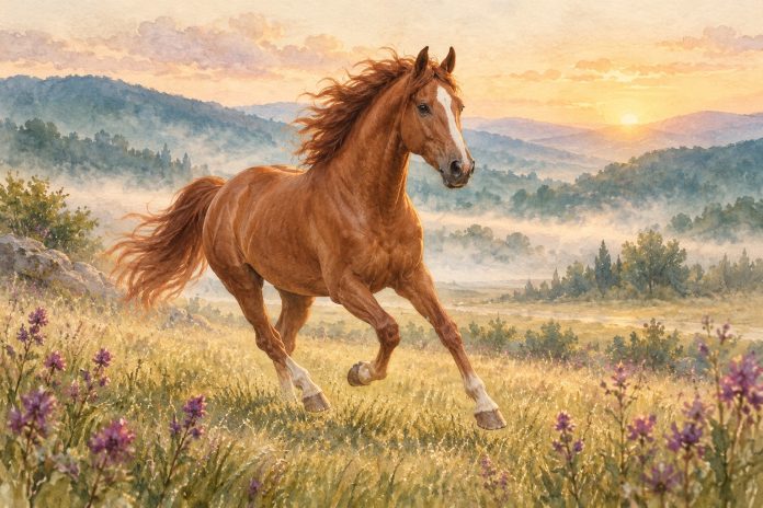 Watercolor of a chestnut horse moving through a dawn meadow with purple wildflowers and misty teal hills.