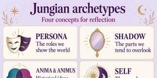 Infographic: persona is the roles we show the world; shadow is the parts we overlook; anima and animus are historical inner figures; Self is the search for wholeness