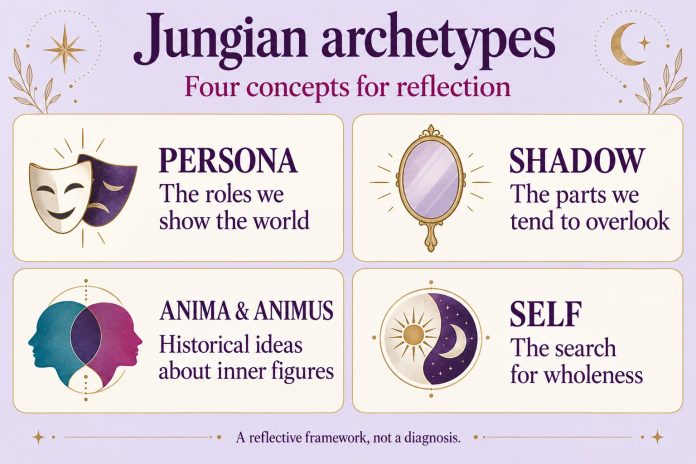 Infographic: persona is the roles we show the world; shadow is the parts we overlook; anima and animus are historical inner figures; Self is the search for wholeness
