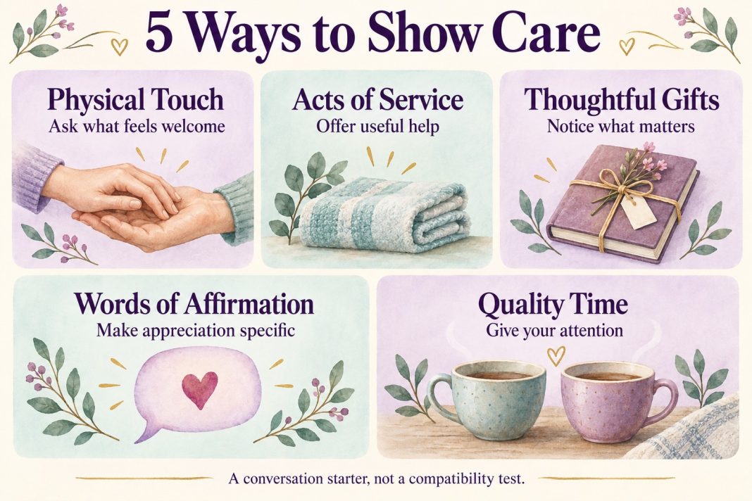 Five ways to show care: physical touch, acts of service, thoughtful gifts, words of affirmation and quality time