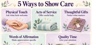 Five ways to show care: physical touch, acts of service, thoughtful gifts, words of affirmation and quality time