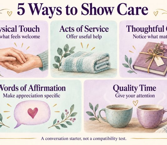 Five ways to show care: physical touch, acts of service, thoughtful gifts, words of affirmation and quality time
