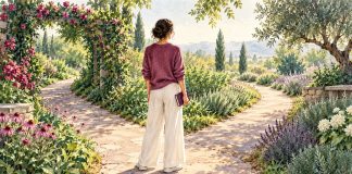 Watercolor of an adult holding a plum notebook at a junction of two leafy garden paths.