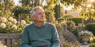Man sitting in a sunlit garden with a photo album during a quiet moment of remembrance