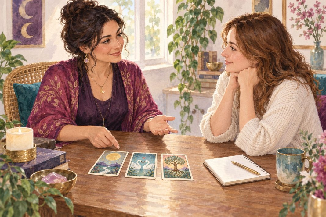 Thoughtful questions for a love tarot consultation Watercolor illustration of two women discussing three tarot cards beside a notebook.