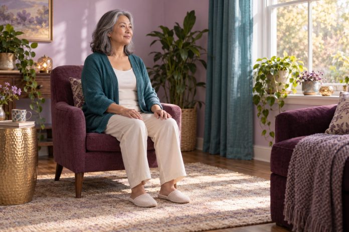 Fictional mature woman sitting comfortably with feet on the floor and an open-eyed gaze in a plum and teal room