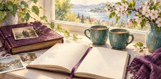 Watercolor of an open journal, old photo album and two teal mugs beside a sunlit flowering branch.