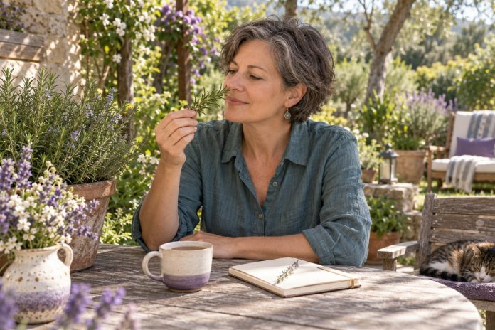 Mindful moment in an herb garden Woman pausing beside rosemary and tea in a sunlit herb garden.
